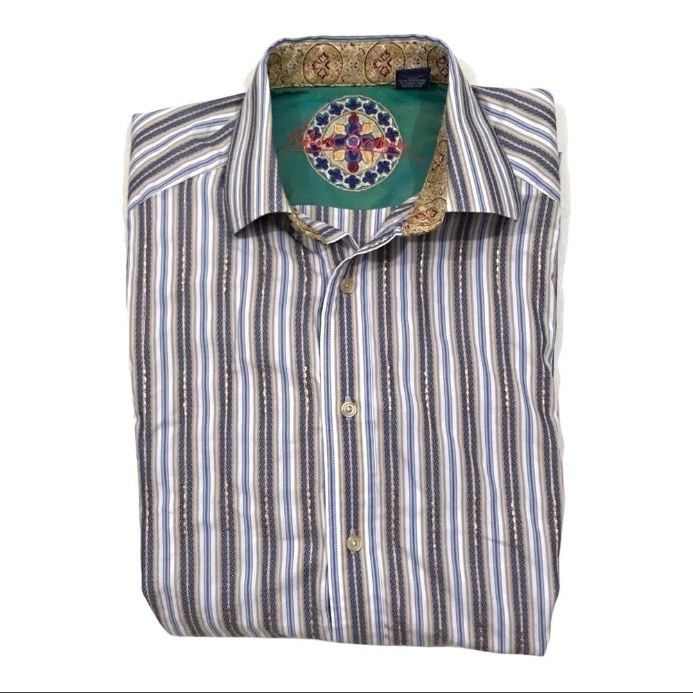 Robert Graham Men's Medium Striped Cotton/Silk Flip Cuff Shirt Embroidered